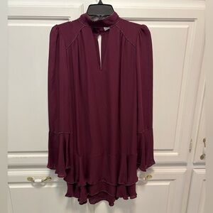 Parker Tesla High Neck Rhinestone Flutter Sleeve Maroon Silk Short Dress Size S